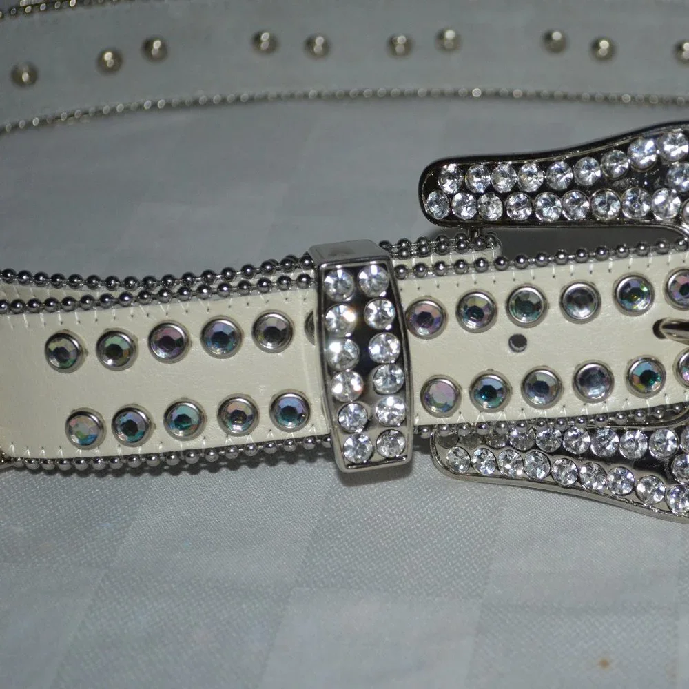 Sz S White Leather Swarovski Crystal Hearts Crosses Belt and Buckle